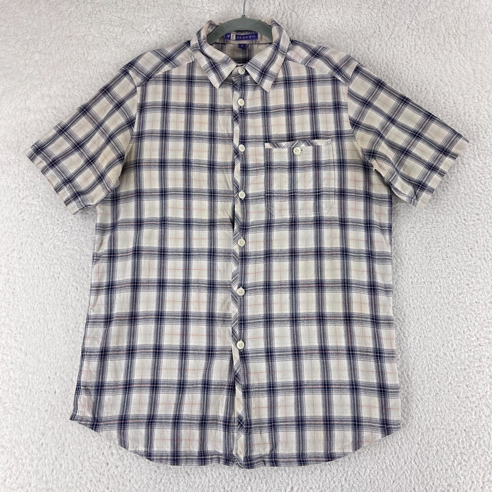 Ibex Button-Up Shirt Mens Medium Ivory Blue‎ Plaid Organic Cotton Short Sleeve